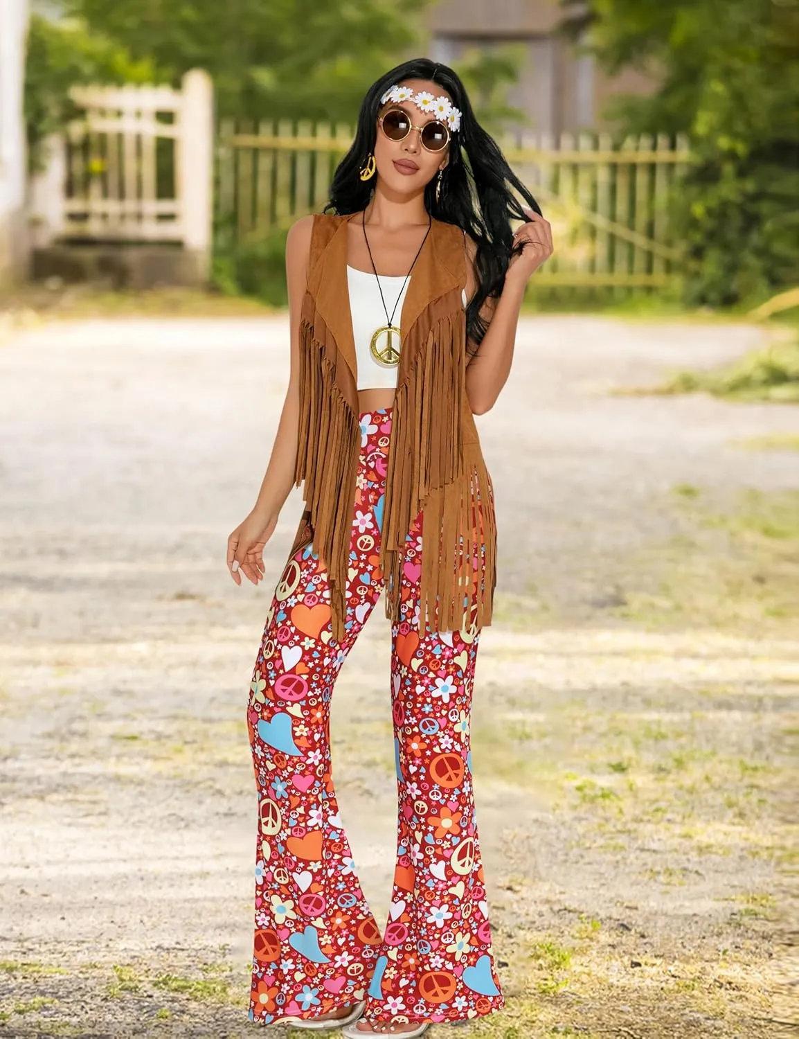 GERVAISE Womens 60s 70s Outfit Disco Hippie Costume Fringe Vest Boho Pants Accessories Set