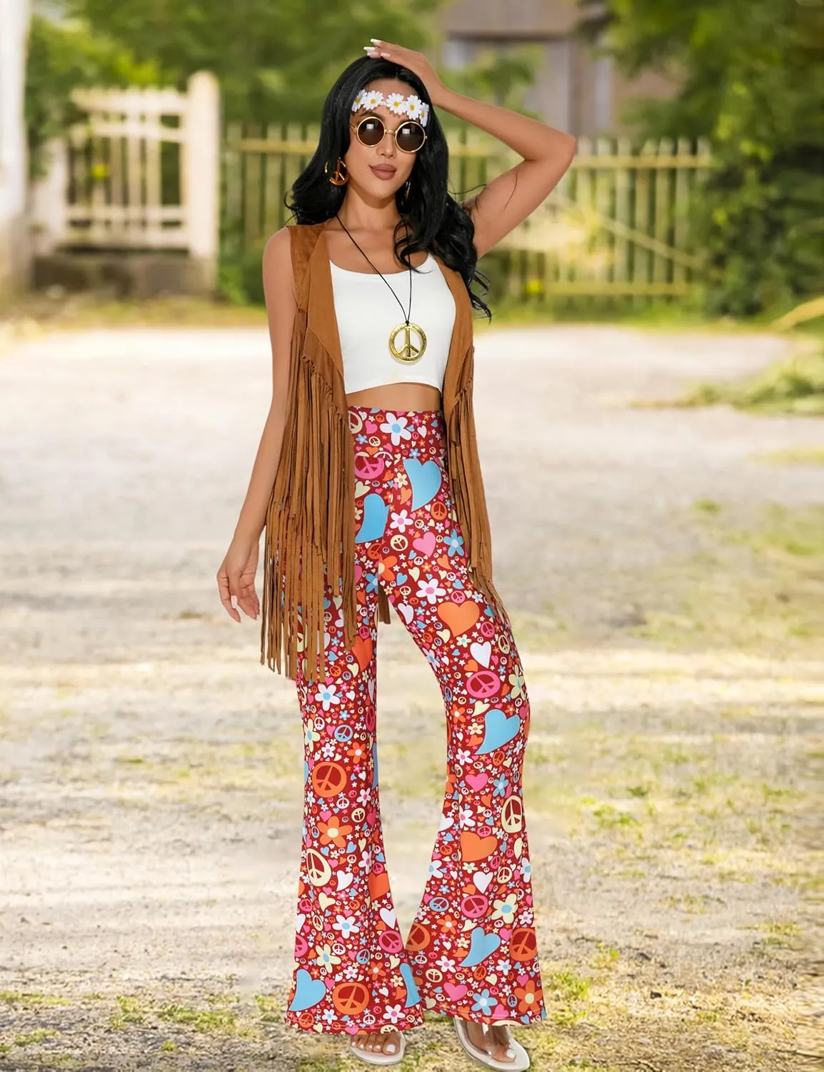GERVAISE Womens 60s 70s Outfit Disco Hippie Costume Fringe Vest Boho Pants Accessories Set