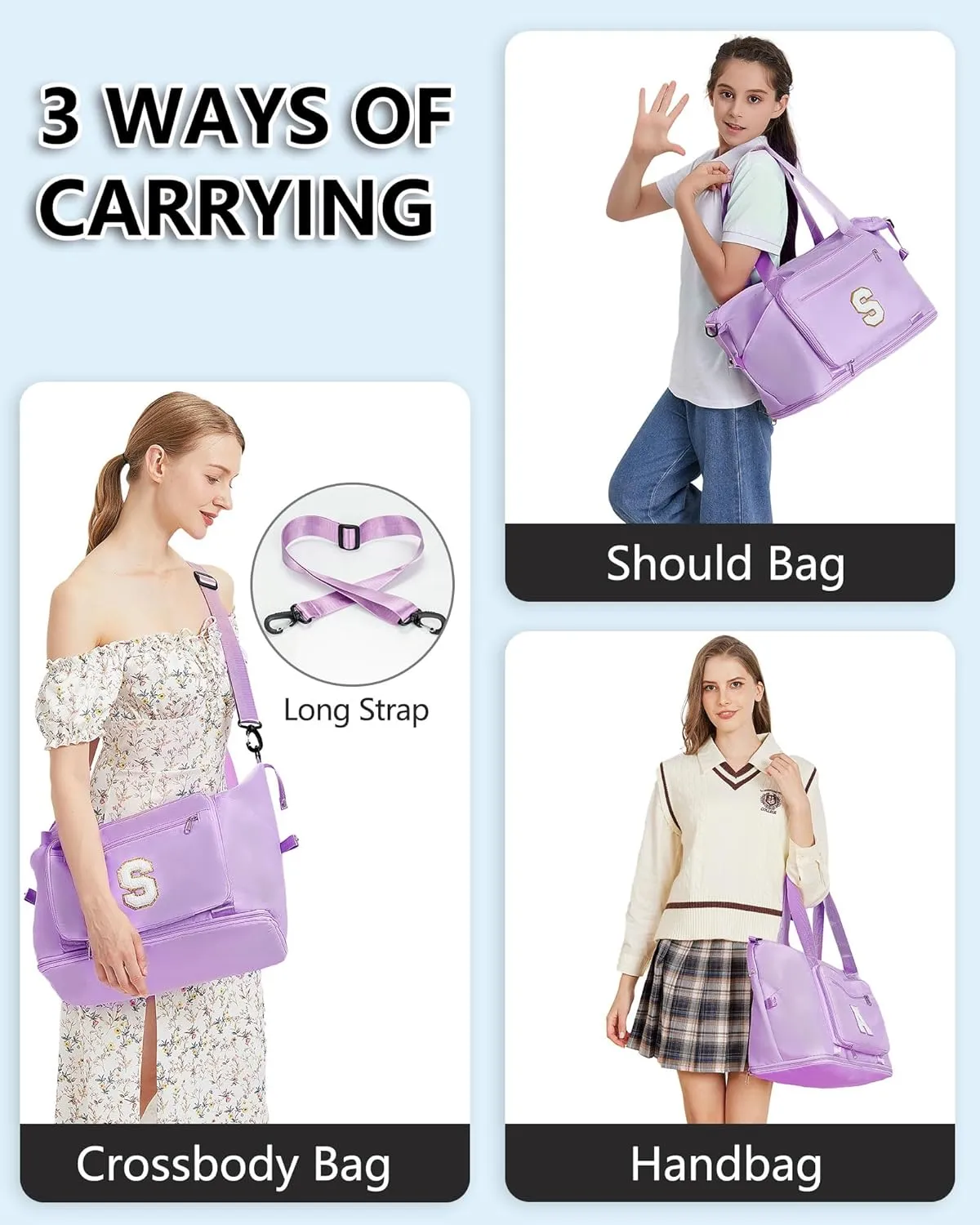 Gifts for Women & Girls-Initial Duffle Bag for Travel, Carry on Bag Duffel Bags, GYM Weekend Overnight Bag with Shoes Compartment,Hospital Bags -Purple C