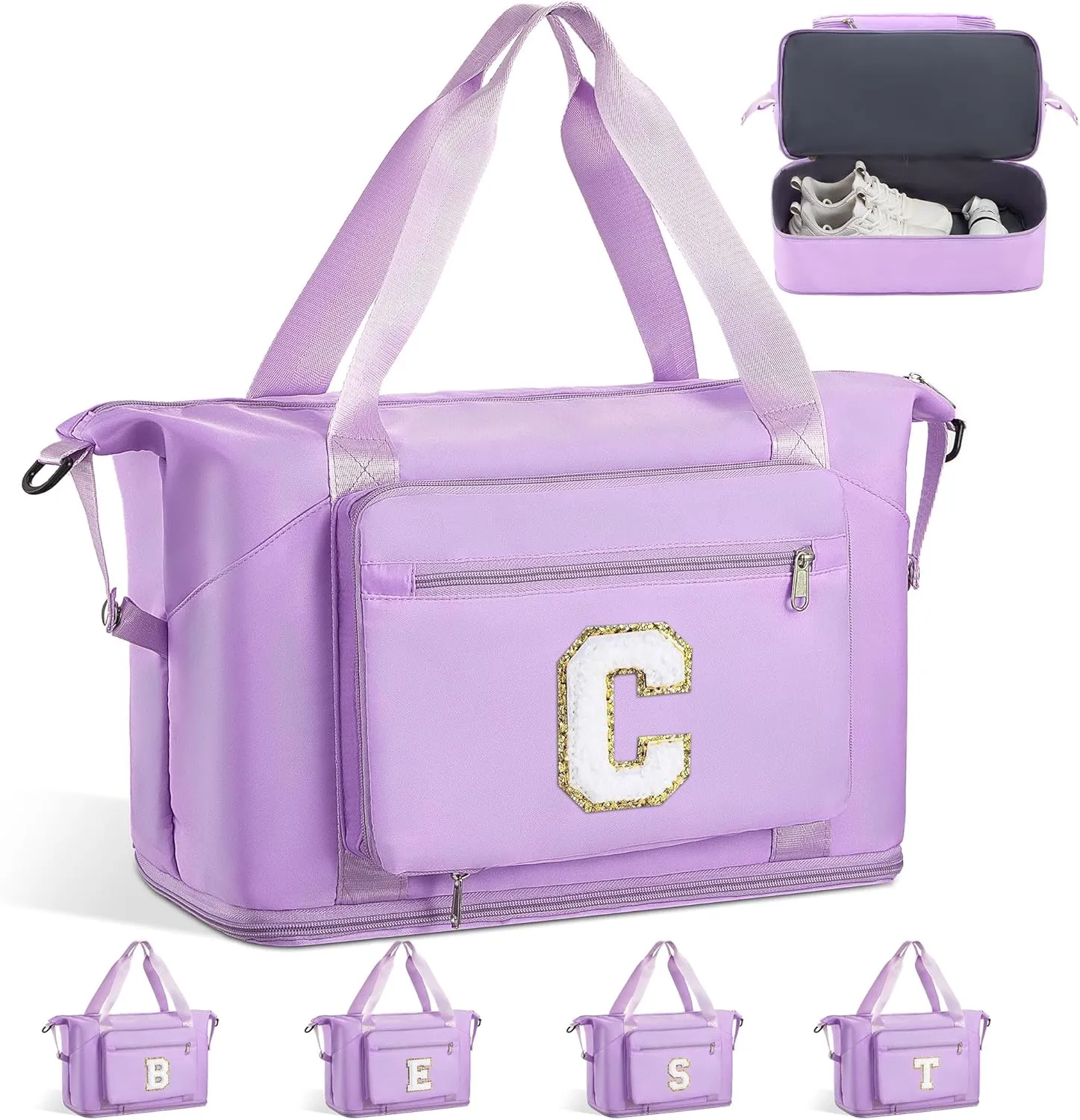 Gifts for Women & Girls-Initial Duffle Bag for Travel, Carry on Bag Duffel Bags, GYM Weekend Overnight Bag with Shoes Compartment,Hospital Bags -Purple C