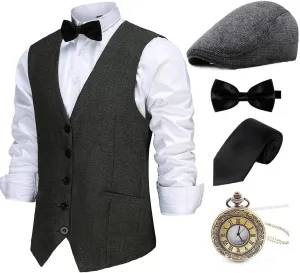 Gionforsy 1920s Mens Costume Gatsby Gangster Vest Fedora Hat Suspenders Bow Tie Costume Accessories Set