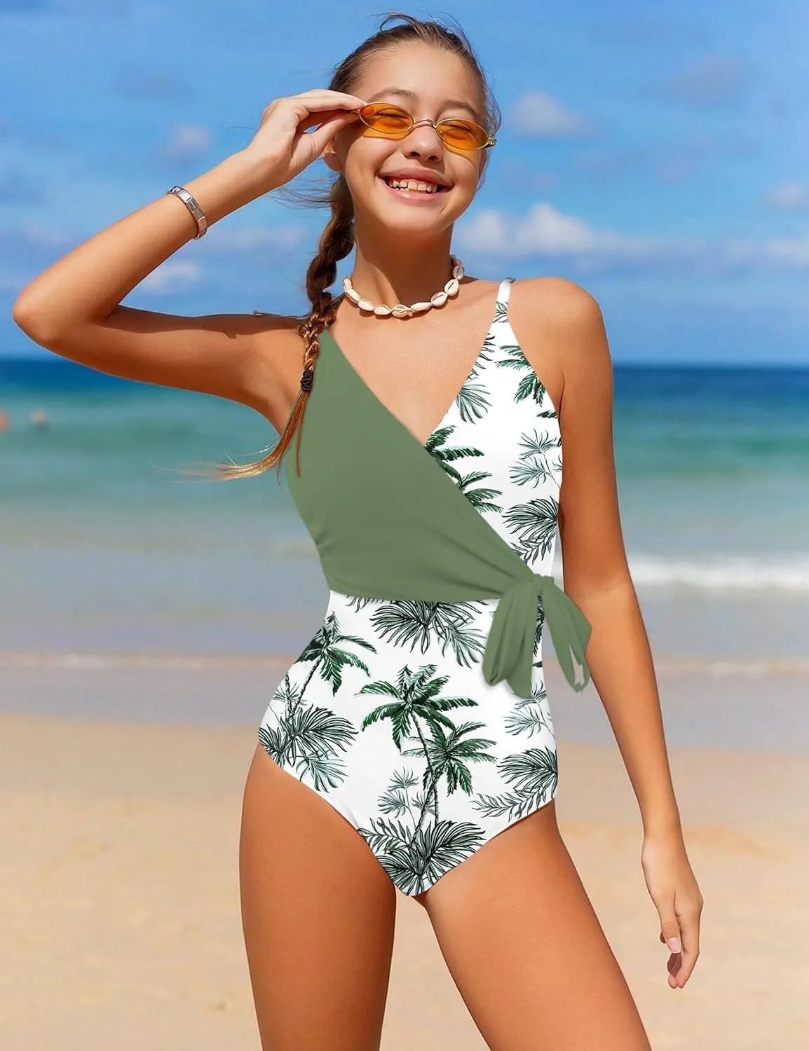 Girls Swimsuit One Piece Bathing Suit Tropical Floral with Adjustable Straps Girls'Swimwear with Cover Up 9-16T