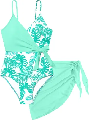 Girls Swimsuit One Piece Bathing Suit Tropical Floral with Adjustable Straps Girls'Swimwear with Cover Up 9-16T