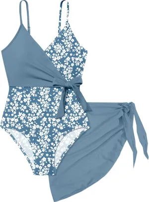 Girls Swimsuit One Piece Bathing Suit Tropical Floral with Adjustable Straps Girls'Swimwear with Cover Up 9-16T
