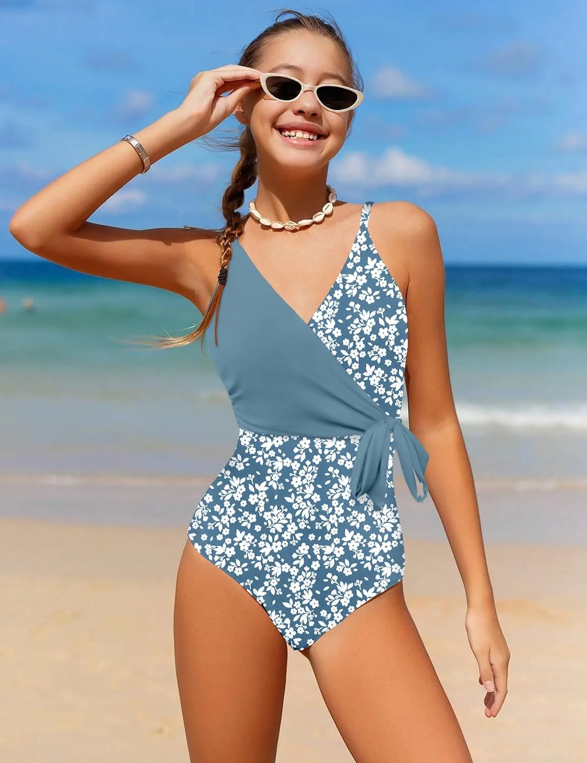 Girls Swimsuit One Piece Bathing Suit Tropical Floral with Adjustable Straps Girls'Swimwear with Cover Up 9-16T