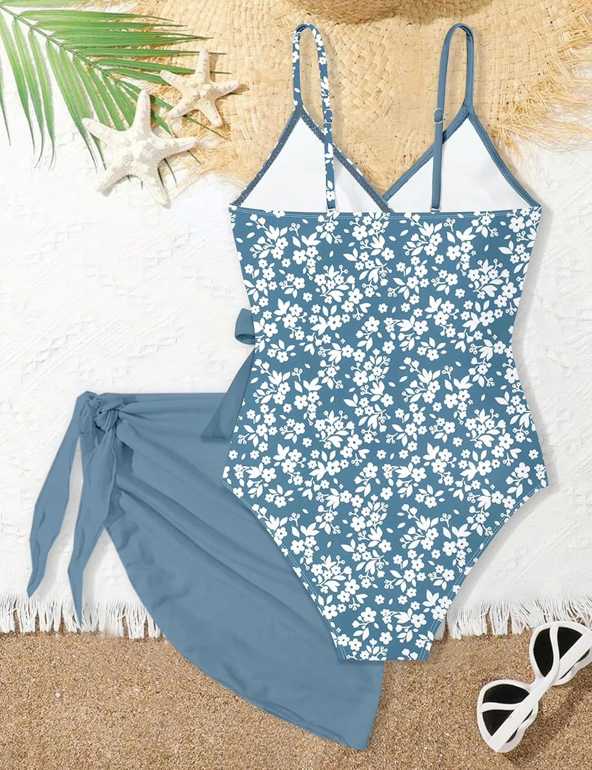 Girls Swimsuit One Piece Bathing Suit Tropical Floral with Adjustable Straps Girls'Swimwear with Cover Up 9-16T