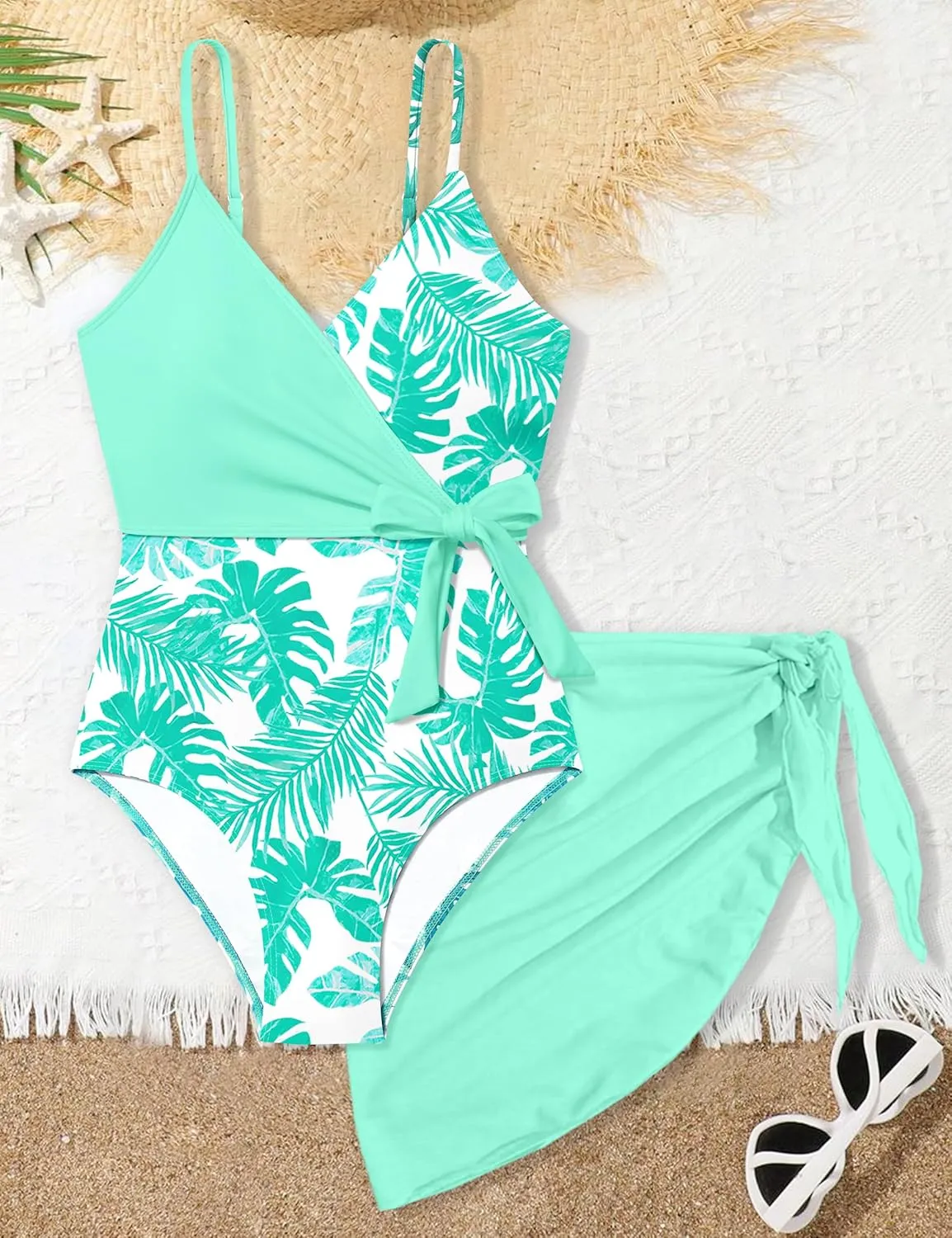 Girls Swimsuit One Piece Bathing Suit Tropical Floral with Adjustable Straps Girls'Swimwear with Cover Up 9-16T