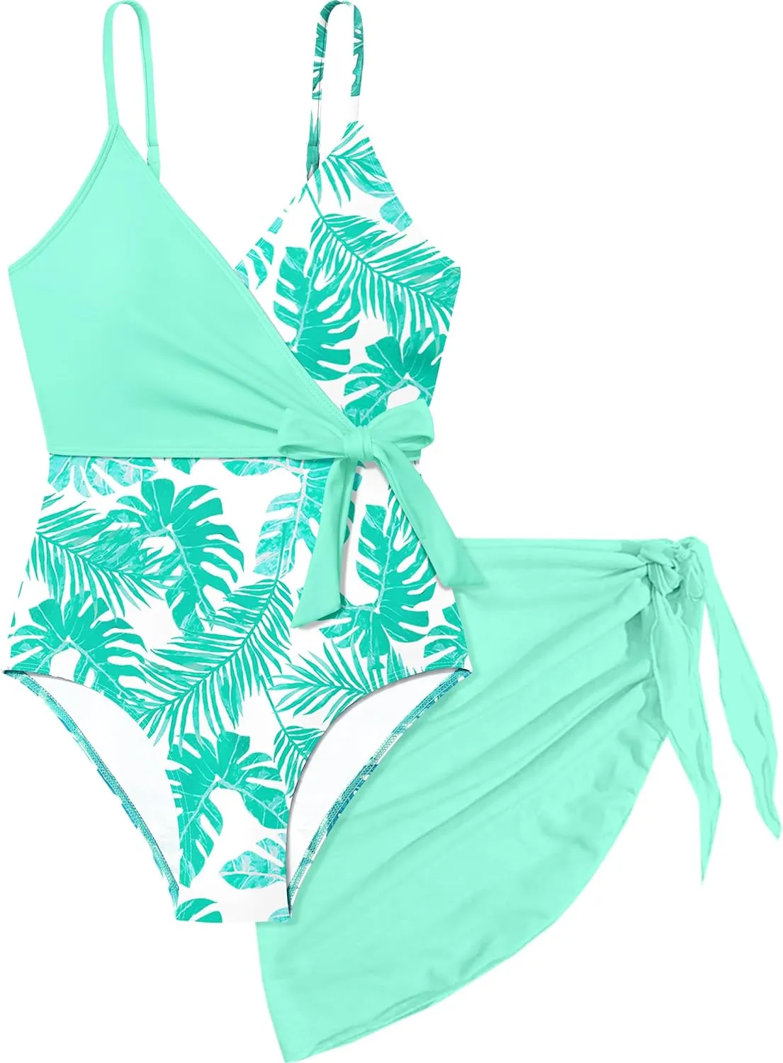 Girls Swimsuit One Piece Bathing Suit Tropical Floral with Adjustable Straps Girls'Swimwear with Cover Up 9-16T