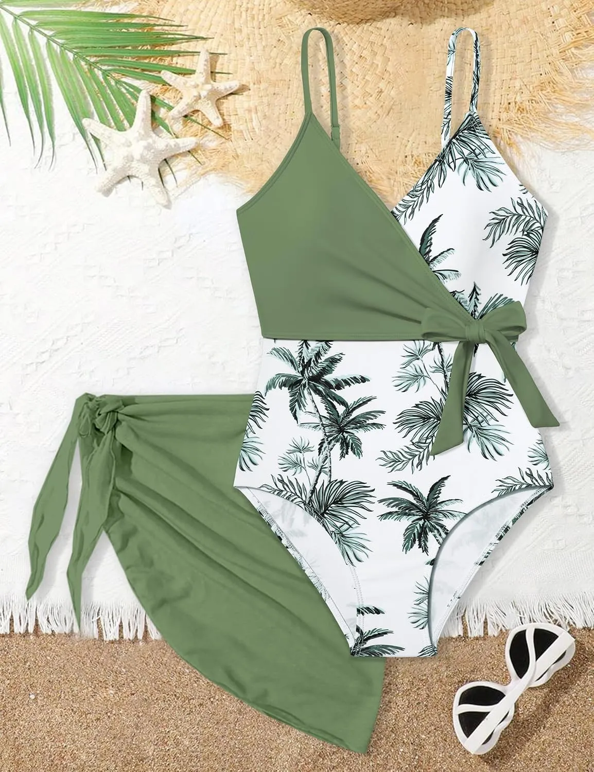 Girls Swimsuit One Piece Bathing Suit Tropical Floral with Adjustable Straps Girls'Swimwear with Cover Up 9-16T