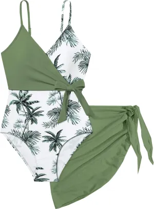 Girls Swimsuit One Piece Bathing Suit Tropical Floral with Adjustable Straps Girls'Swimwear with Cover Up 9-16T