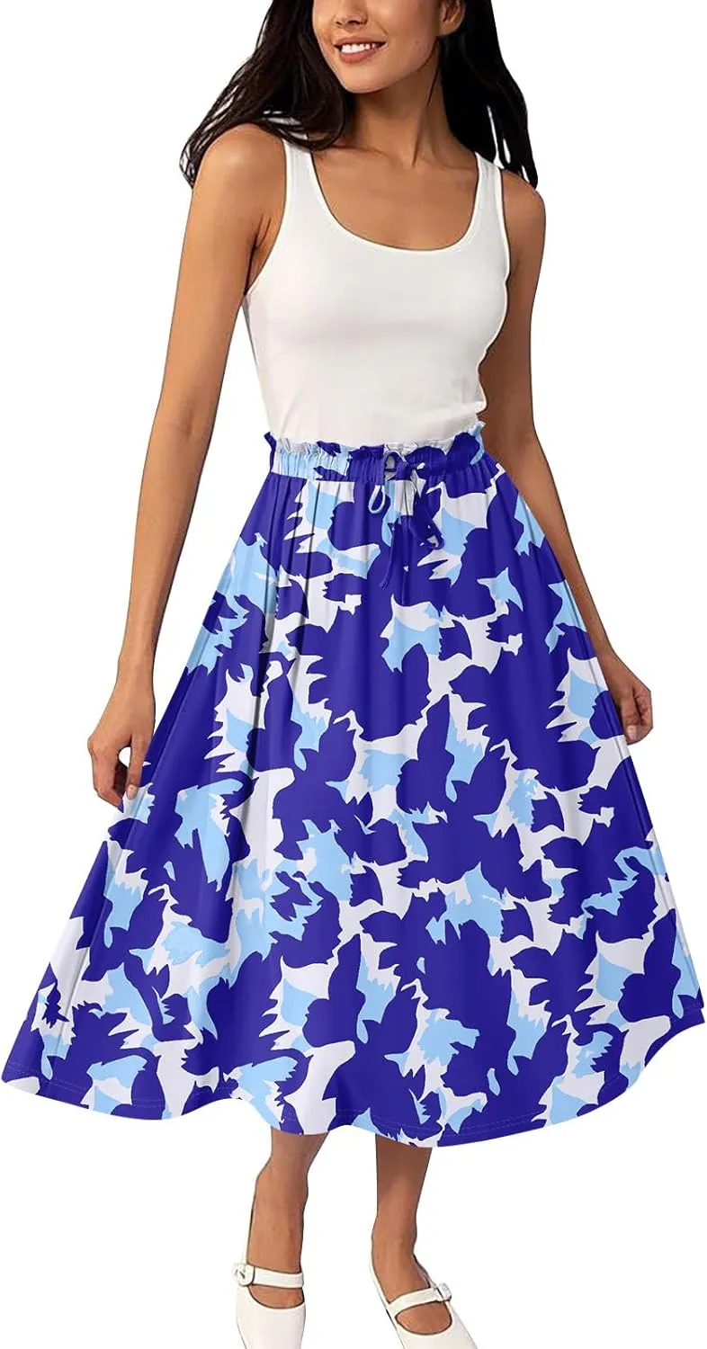 GOFULY Midi Skirts for Women Boho Summer Floral Print A Line Knee Skirt Drawstring Elastic High Waist Pleated Skirt
