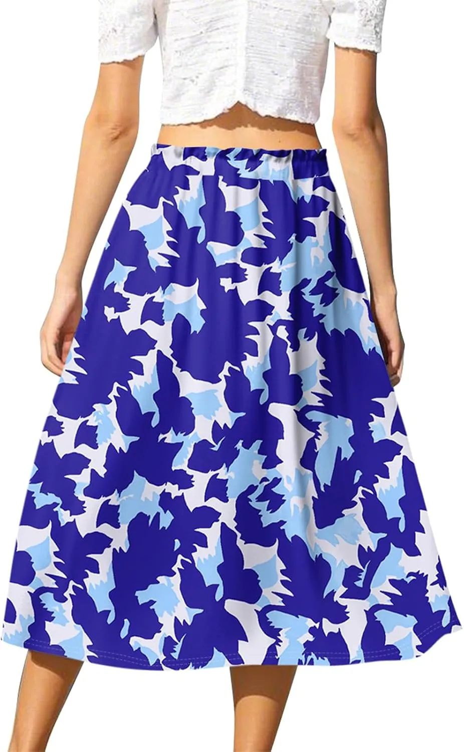 GOFULY Midi Skirts for Women Boho Summer Floral Print A Line Knee Skirt Drawstring Elastic High Waist Pleated Skirt