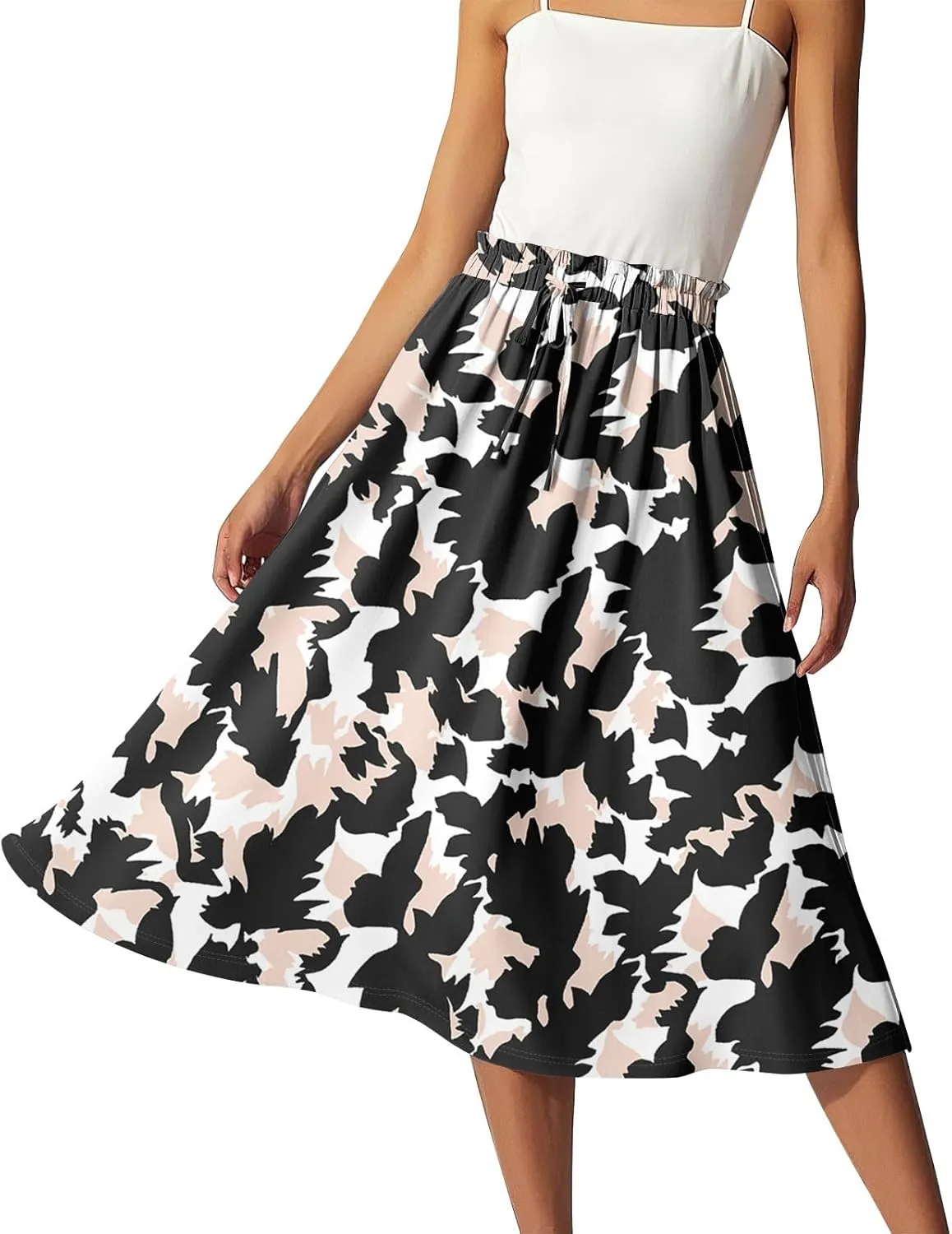GOFULY Skirts for Women Midi Length Trendy Summer Print A Line Skirt Knee Drawstring Elastic High Waist Smocked Skirt