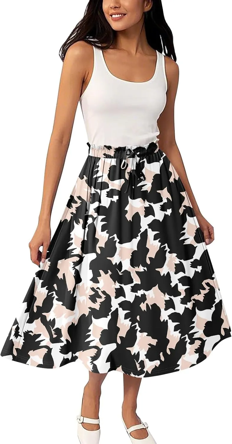 GOFULY Skirts for Women Midi Length Trendy Summer Print A Line Skirt Knee Drawstring Elastic High Waist Smocked Skirt