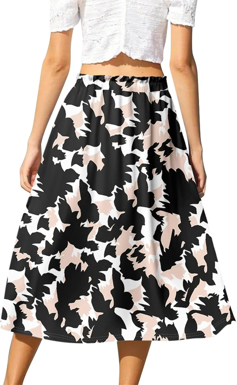 GOFULY Skirts for Women Midi Length Trendy Summer Print A Line Skirt Knee Drawstring Elastic High Waist Smocked Skirt