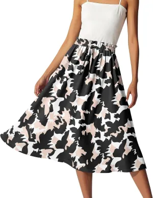 GOFULY Skirts for Women Midi Length Trendy Summer Print A Line Skirt Knee Drawstring Elastic High Waist Smocked Skirt