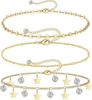 Gold Ankle Bracelet Sets for Women 14K Gold Cuban Link Figaro Paperclip Snake Anklet Bracelets Waterproof Stackable Layered Anklets Bracelet Rhinestone Adjustable Beach Anklet Set Gifts for Her (D-star)