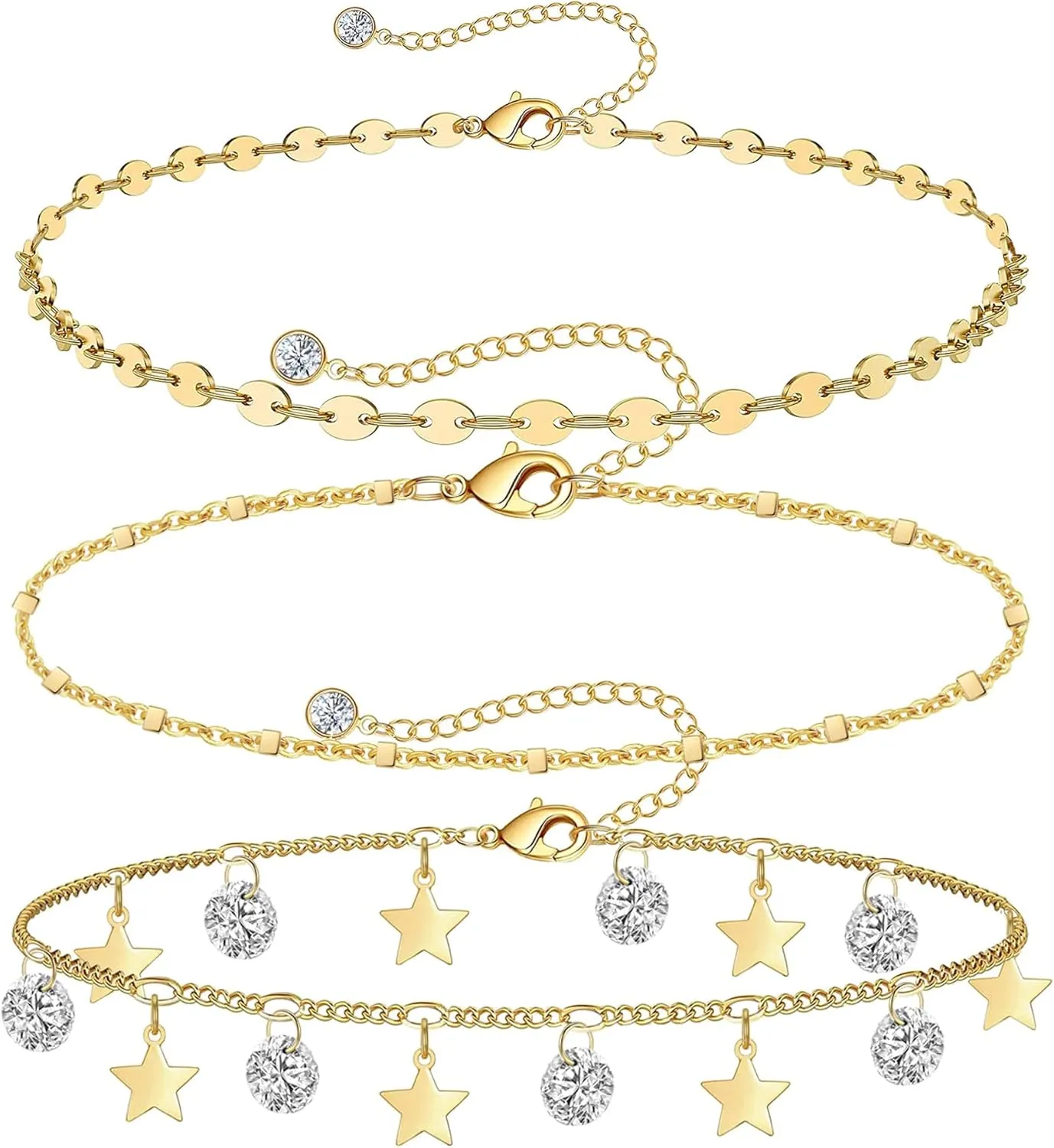 Gold Ankle Bracelet Sets for Women 14K Gold Cuban Link Figaro Paperclip Snake Anklet Bracelets Waterproof Stackable Layered Anklets Bracelet Rhinestone Adjustable Beach Anklet Set Gifts for Her (D-star)