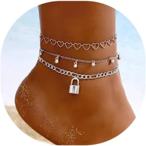 Gold Anklets for Women Layered Rhinestone Butterfly Anklets Gold Cuban Link Anklet Lock Dangle Anklets Silver Anklets Summer Beach Foot Jewelry