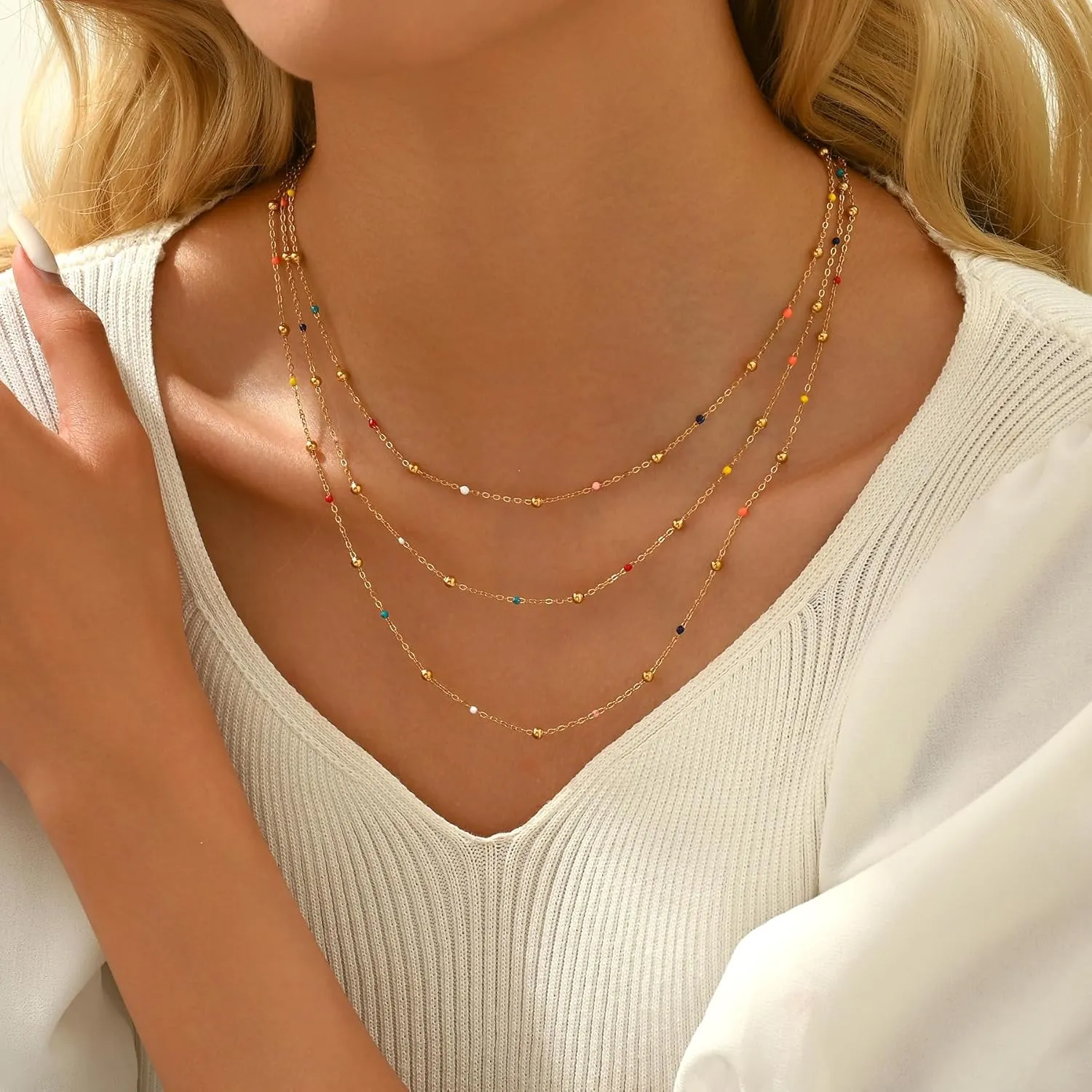 Gold Chain Necklace for Women Dainty 18K Gold Plated Thin Satellite Beaded Turquoise Necklace Simple Gold Boho Jewelry