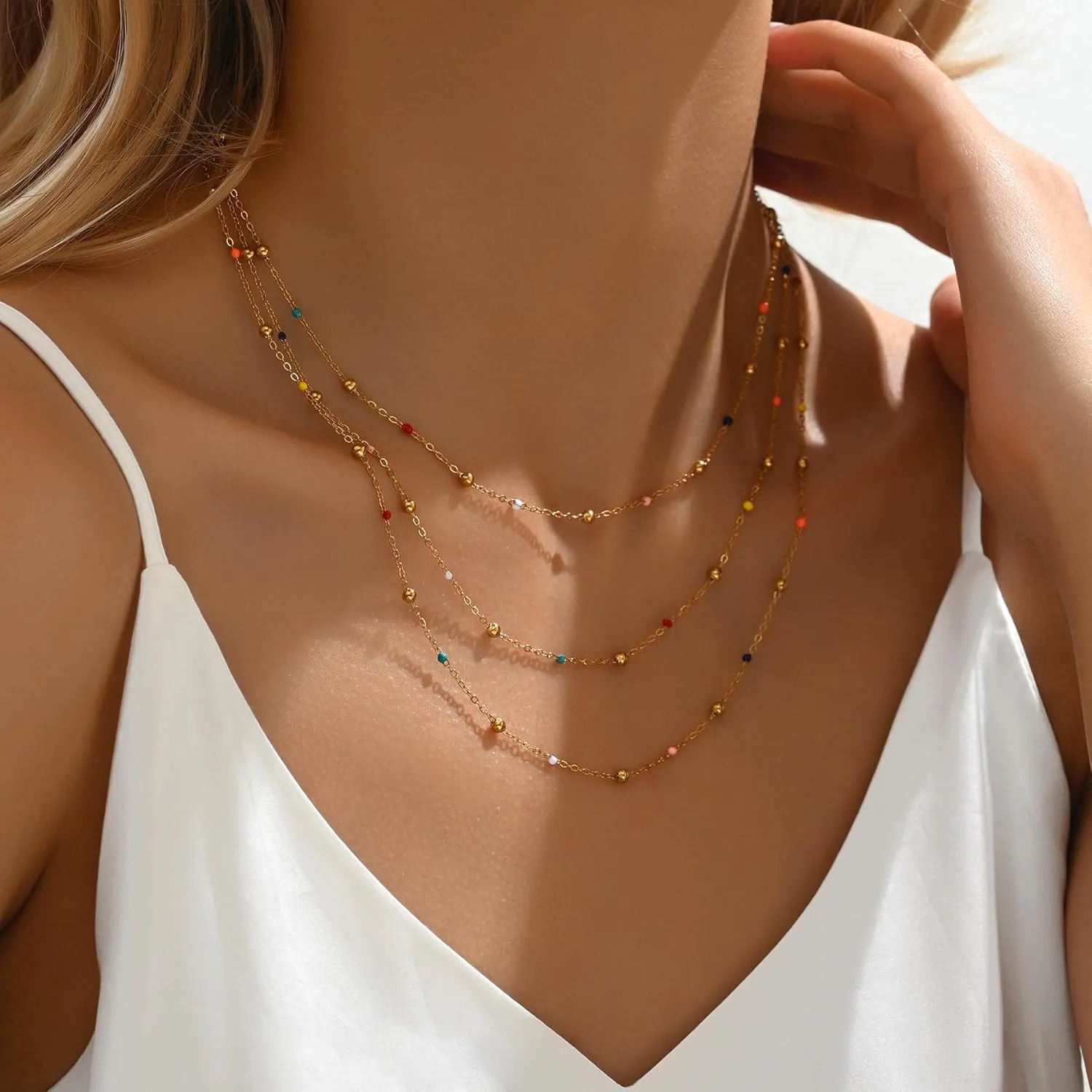 Gold Chain Necklace for Women Dainty 18K Gold Plated Thin Satellite Beaded Turquoise Necklace Simple Gold Boho Jewelry
