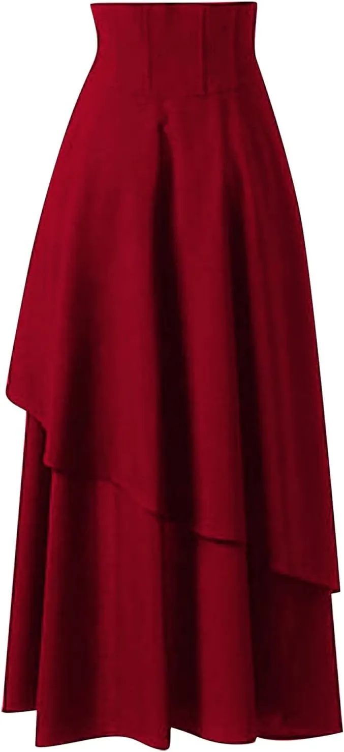 Gothic Lace Skirts for Women High Waisted Asymmetrical Hem Bohemian Midi Length Skirt with Adjustable Corset Tie