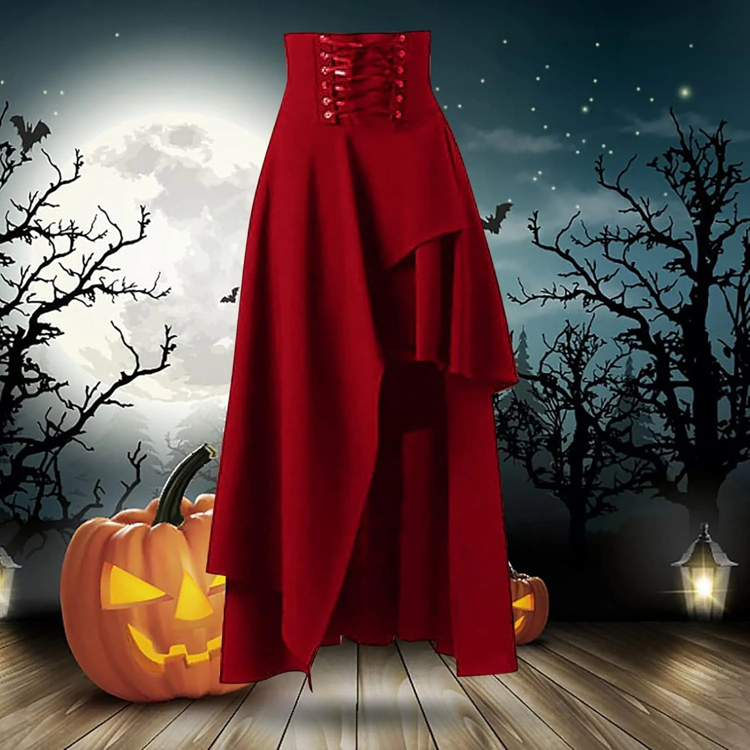 Gothic Lace Skirts for Women High Waisted Asymmetrical Hem Bohemian Midi Length Skirt with Adjustable Corset Tie
