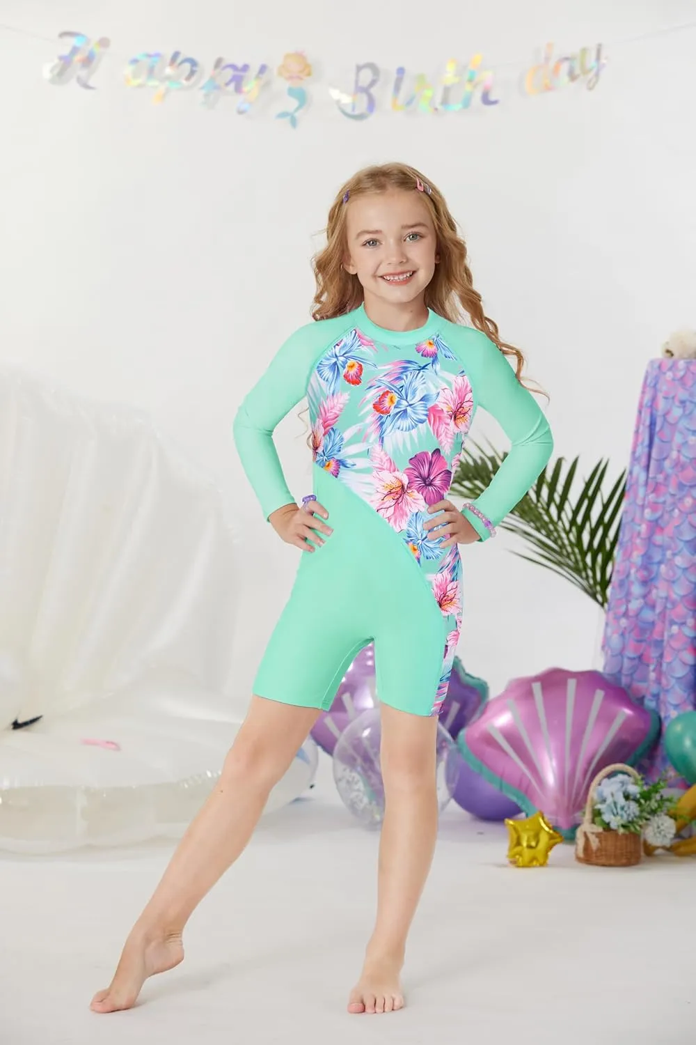 GRACE KARIN Girls Swimsuit Long Sleeve UV Protective Bathing Suit One Piece Swimwear for Kids 5-12 Years