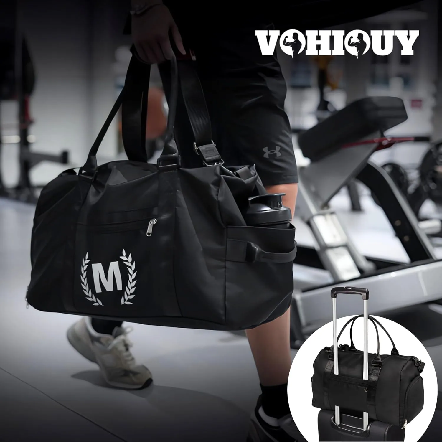 Gym Bag for Women & Men, Fitness Workout Sports Travel Duffle Bag with Wet Pocket & Shoes Compartment, Great Present for Gym Lovers (Jet Black, A)