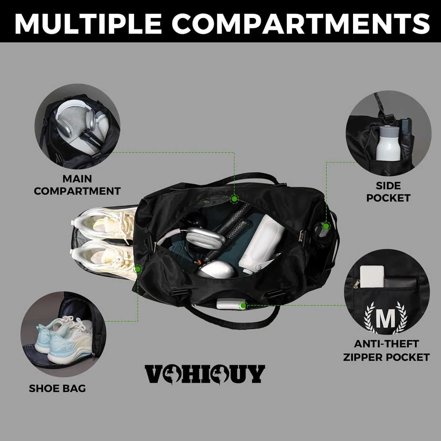 Gym Bag for Women & Men, Fitness Workout Sports Travel Duffle Bag with Wet Pocket & Shoes Compartment, Great Present for Gym Lovers (Jet Black, A)