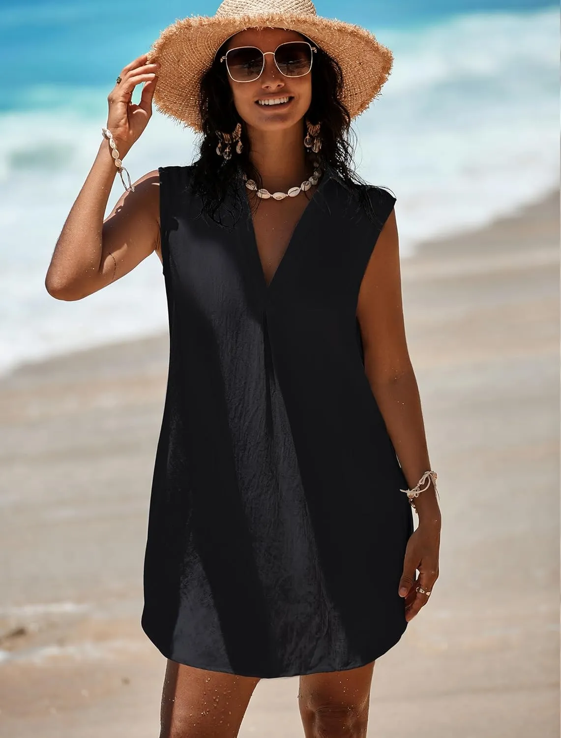 Halife Womens Sleeveless Swimsuit Coverup V Neck Bathing Suit Cover Ups Summer Swimwear Bikini Beach Cover Up Dress