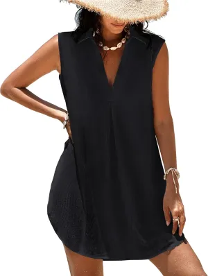 Halife Womens Sleeveless Swimsuit Coverup V Neck Bathing Suit Cover Ups Summer Swimwear Bikini Beach Cover Up Dress