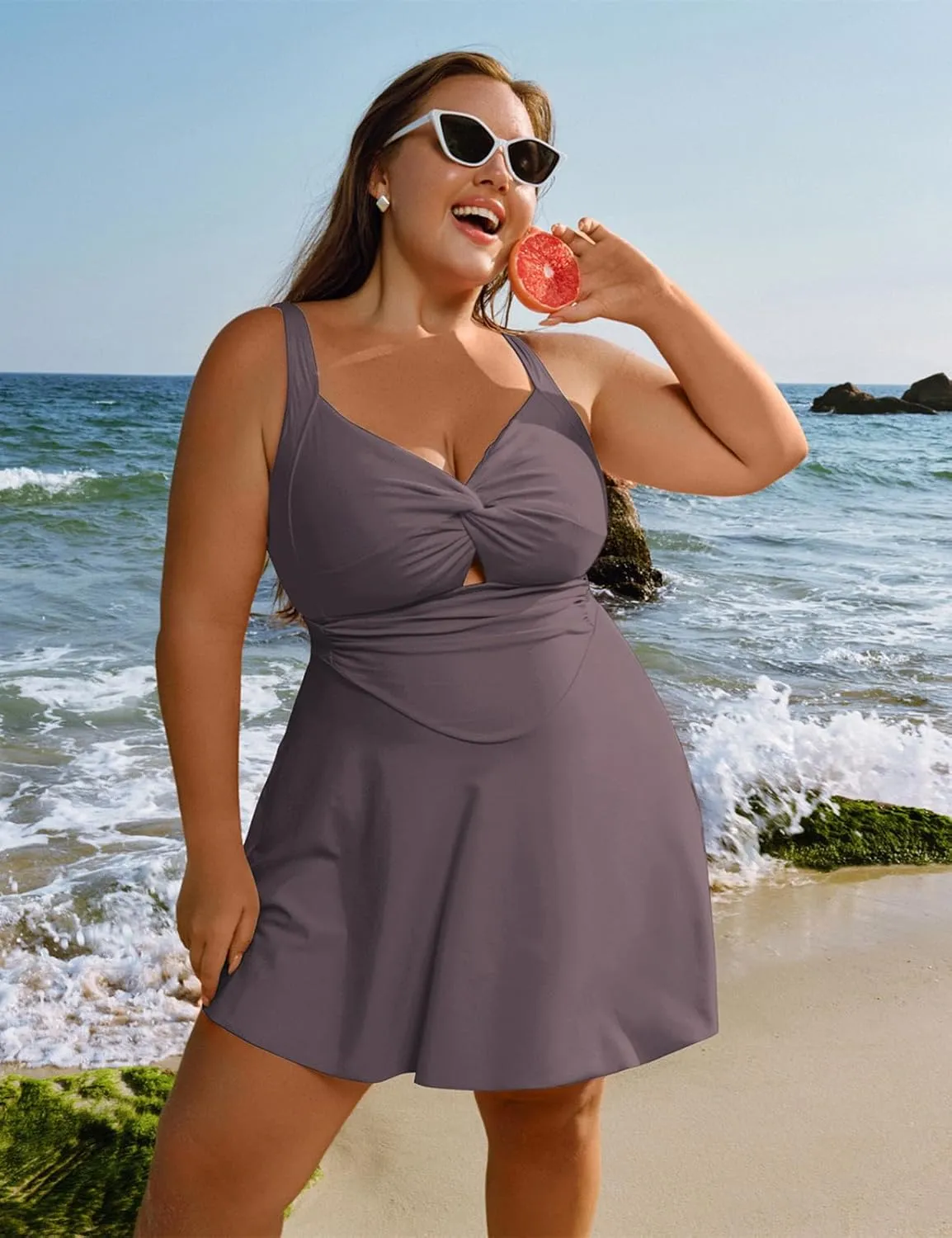 Hanna Nikole Women Plus Size Swimdress One Piece Swimsuit Tummy Control Twist Front Bathing Suit Ruched Skirted Swimwear