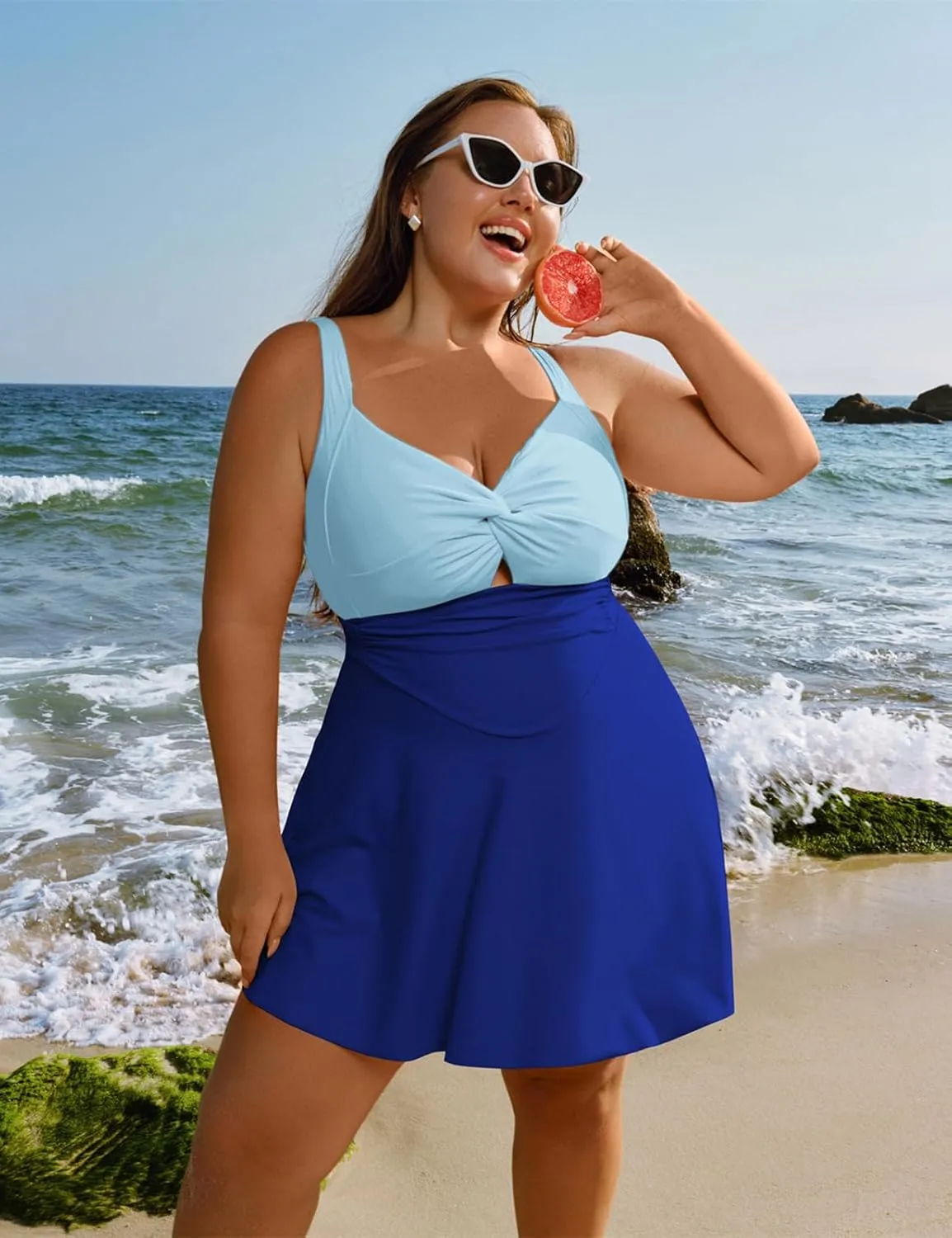 Hanna Nikole Women Plus Size Swimdress One Piece Swimsuit Tummy Control Twist Front Bathing Suit Ruched Skirted Swimwear