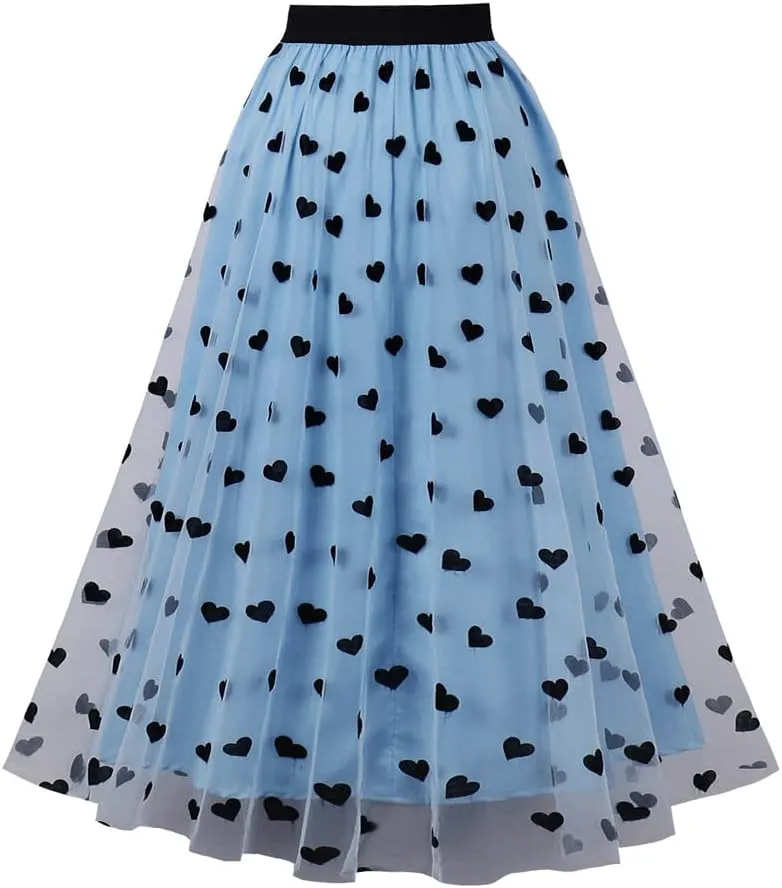 Heart Floral Long Tulle Skirts for Women Fairy Elastic High Waist Pleated A-Line Flared Midi Skirts Party Evening Tutu Skirt