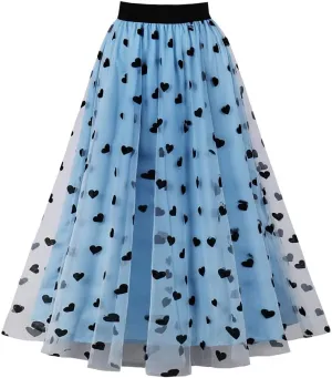 Heart Floral Long Tulle Skirts for Women Fairy Elastic High Waist Pleated A-Line Flared Midi Skirts Party Evening Tutu Skirt