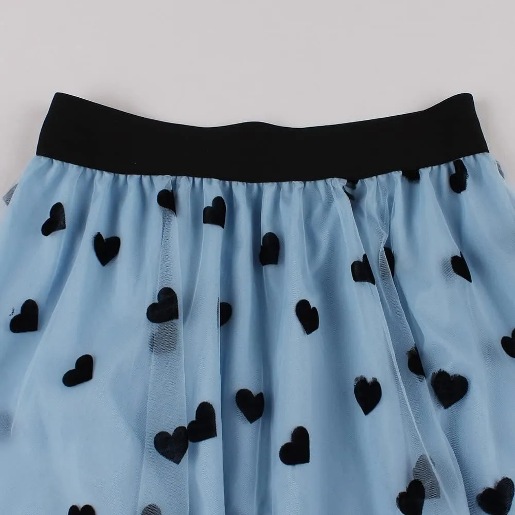 Heart Floral Long Tulle Skirts for Women Fairy Elastic High Waist Pleated A-Line Flared Midi Skirts Party Evening Tutu Skirt