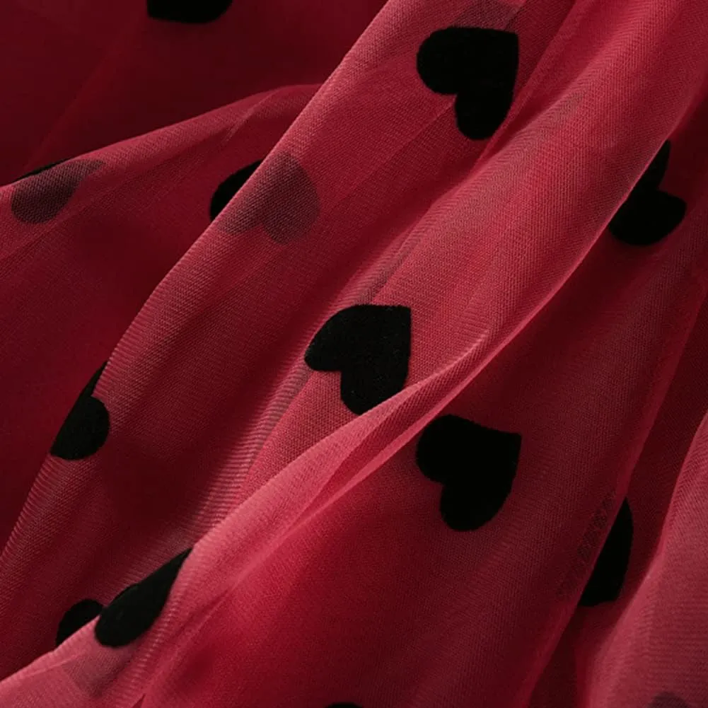 Heart Floral Long Tulle Skirts for Women Fairy Elastic High Waist Pleated A-Line Flared Midi Skirts Party Evening Tutu Skirt