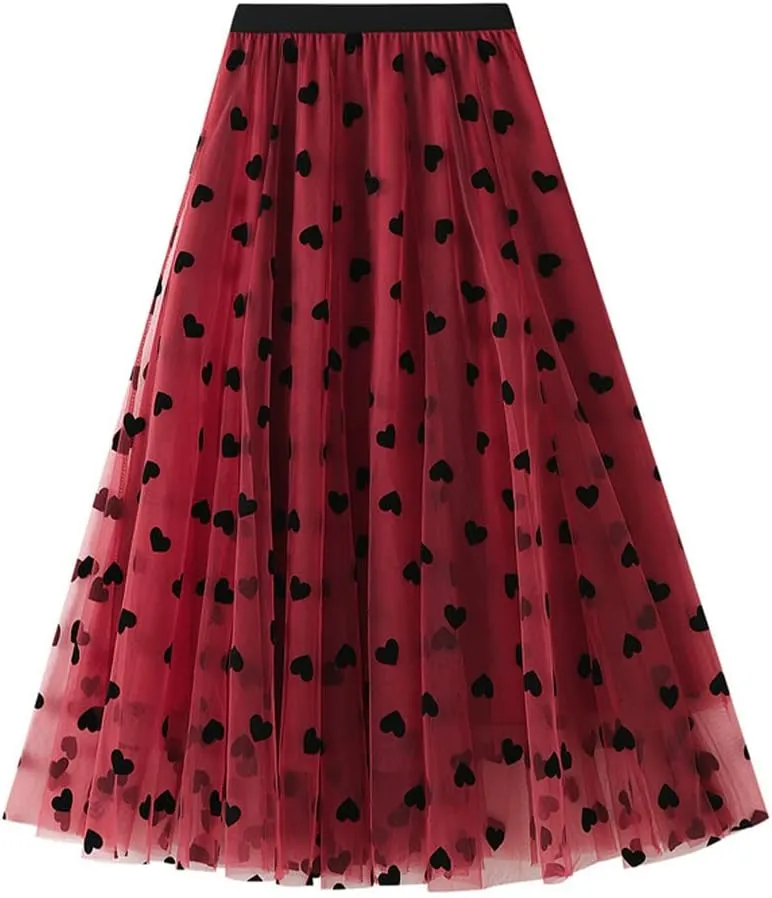 Heart Floral Long Tulle Skirts for Women Fairy Elastic High Waist Pleated A-Line Flared Midi Skirts Party Evening Tutu Skirt