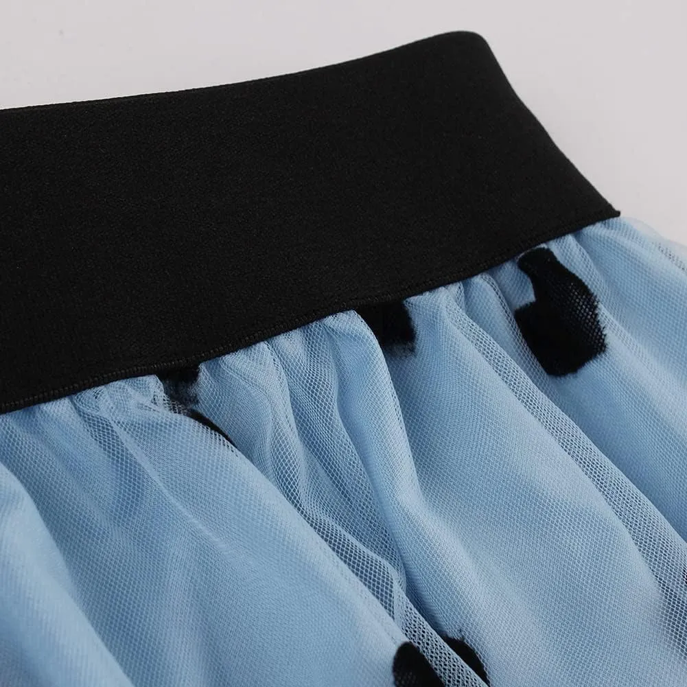 Heart Floral Long Tulle Skirts for Women Fairy Elastic High Waist Pleated A-Line Flared Midi Skirts Party Evening Tutu Skirt