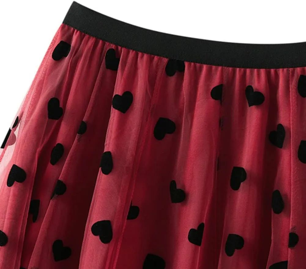 Heart Floral Long Tulle Skirts for Women Fairy Elastic High Waist Pleated A-Line Flared Midi Skirts Party Evening Tutu Skirt