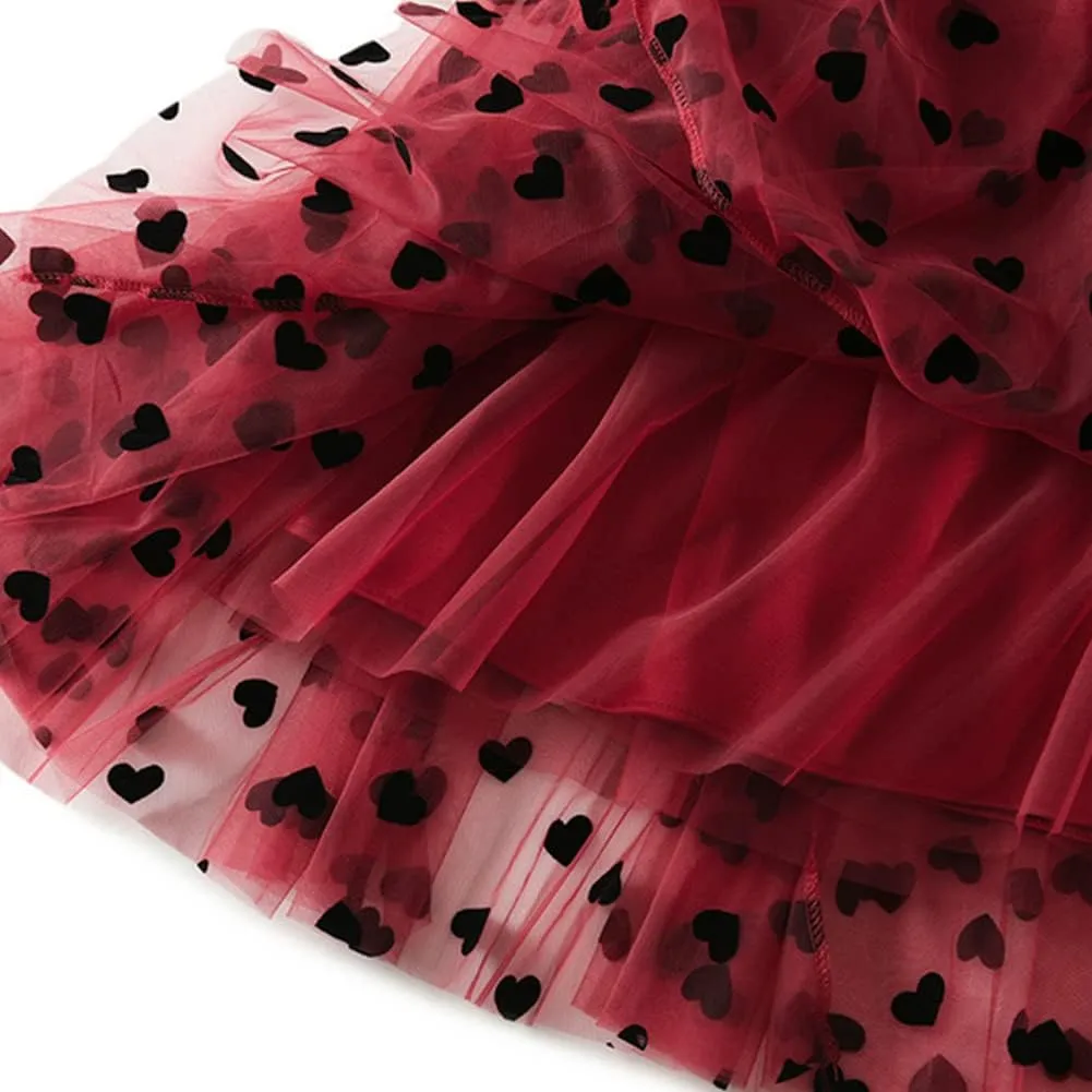 Heart Floral Long Tulle Skirts for Women Fairy Elastic High Waist Pleated A-Line Flared Midi Skirts Party Evening Tutu Skirt