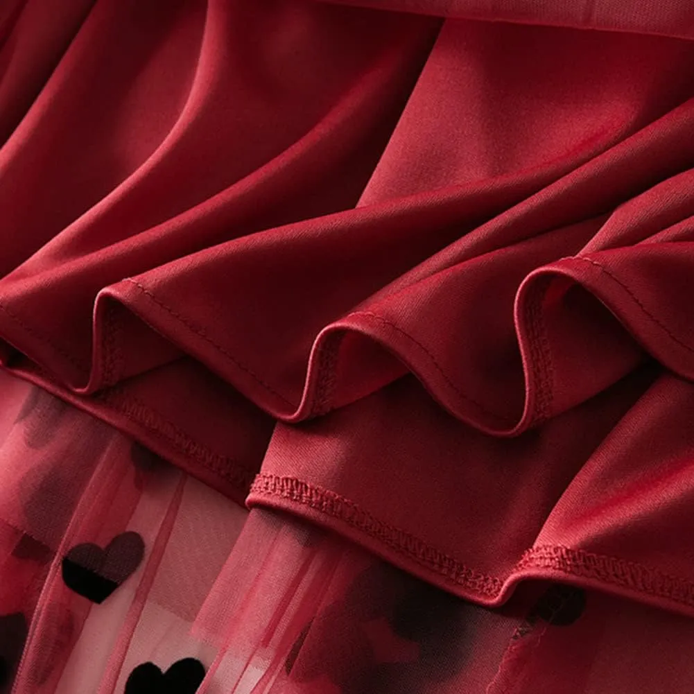 Heart Floral Long Tulle Skirts for Women Fairy Elastic High Waist Pleated A-Line Flared Midi Skirts Party Evening Tutu Skirt