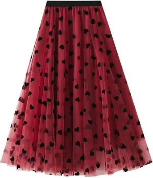 Heart Floral Long Tulle Skirts for Women Fairy Elastic High Waist Pleated A-Line Flared Midi Skirts Party Evening Tutu Skirt
