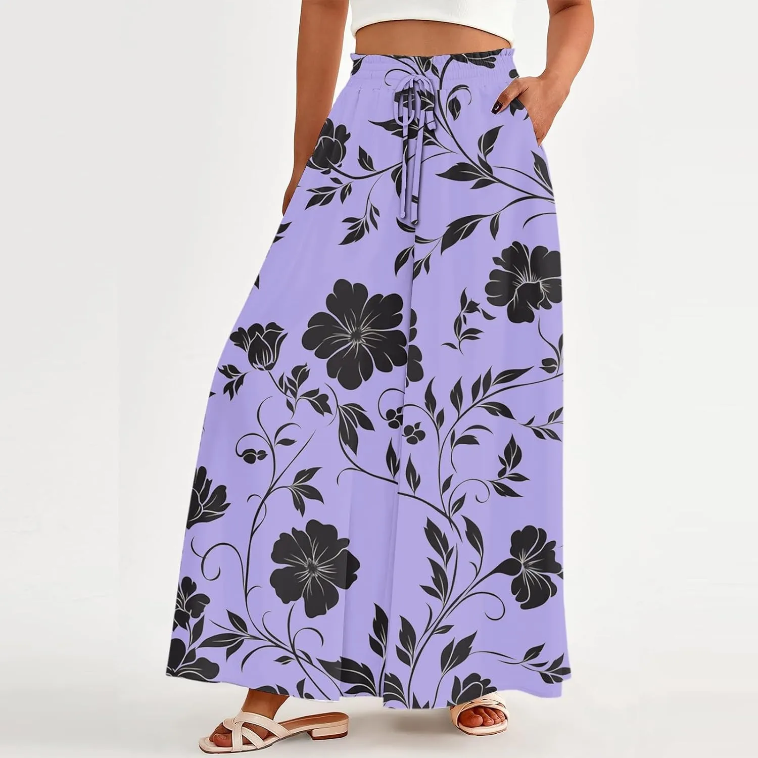 High Waist Trousers Pants for Women Tall Wide Leg Elastic Waist Summer Boho Palazzo Pants Straight Leg Vintage Outfits