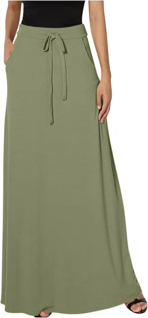 High Waisted Maxi Skirts for Women Lace Up Long Skirt Plus Size Summer Skirts Ankle Length Straight Skirt with Pocket