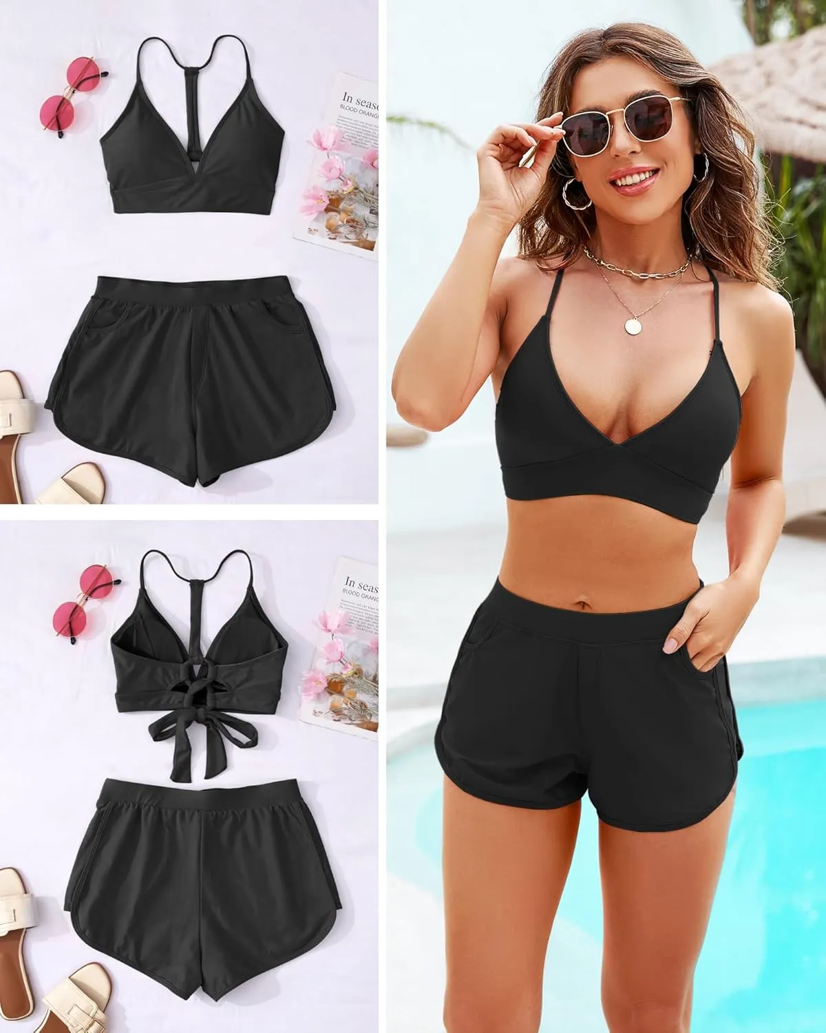 High Waitsed Bikini Sets for Women Two Piece Swimsuit Tummy Control Bathing Suit Shorts V Neck Top Lace Up