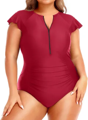 Holipick Plus Size One Piece Swimsuit for Women Tummy Control Cap Sleeves Bathing Suits Zipper Front Rash Guard Swimwear