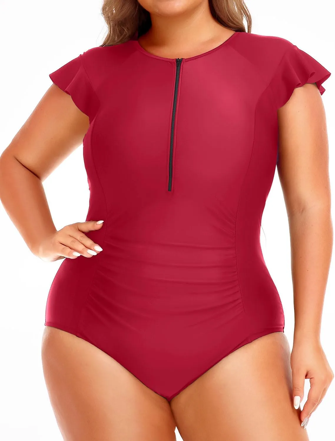 Holipick Plus Size One Piece Swimsuit for Women Tummy Control Cap Sleeves Bathing Suits Zipper Front Rash Guard Swimwear