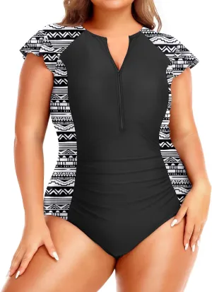 Holipick Plus Size One Piece Swimsuit for Women Tummy Control Cap Sleeves Bathing Suits Zipper Front Rash Guard Swimwear